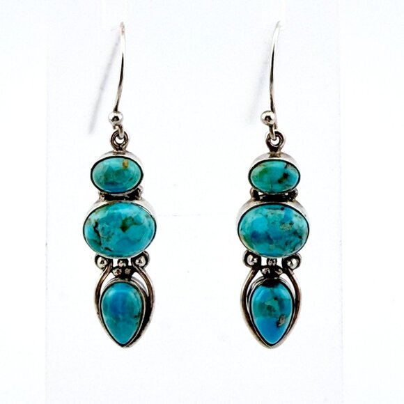 Vintage Sterling Silver Turquoise Dangle Earrings – Modernist 3-Stone Design - Picture 8 of 11